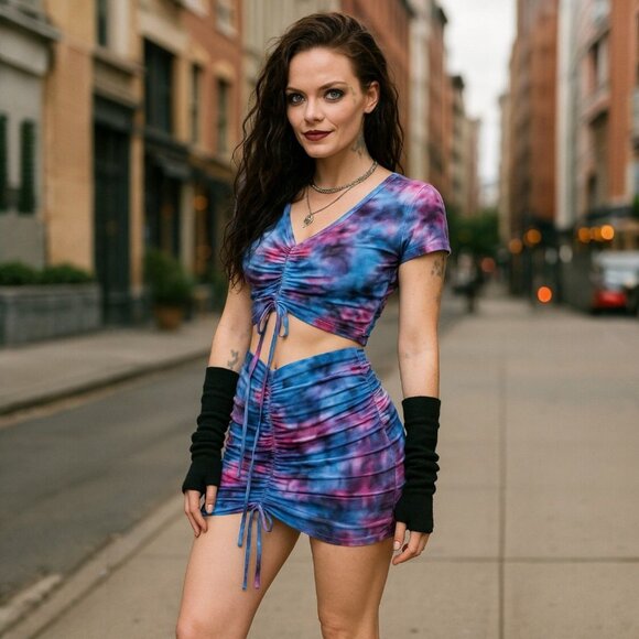 Current Mood Tie Dye Crop Top & Mini Skirt Set w/ Ruched Front – Size S - Picture 1 of 4